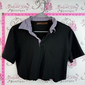 Perry Ellis cropped cut shirt collared Black Polo with Lavender Plaid Collar